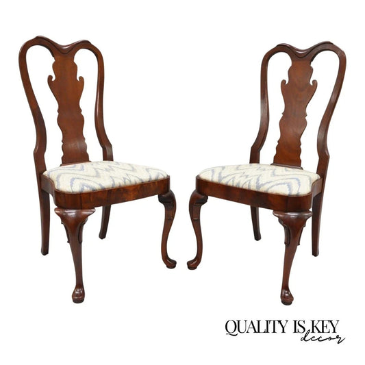Vintage Queen Anne Style Crotch Mahogany Dining Room Side Chairs - a Pair