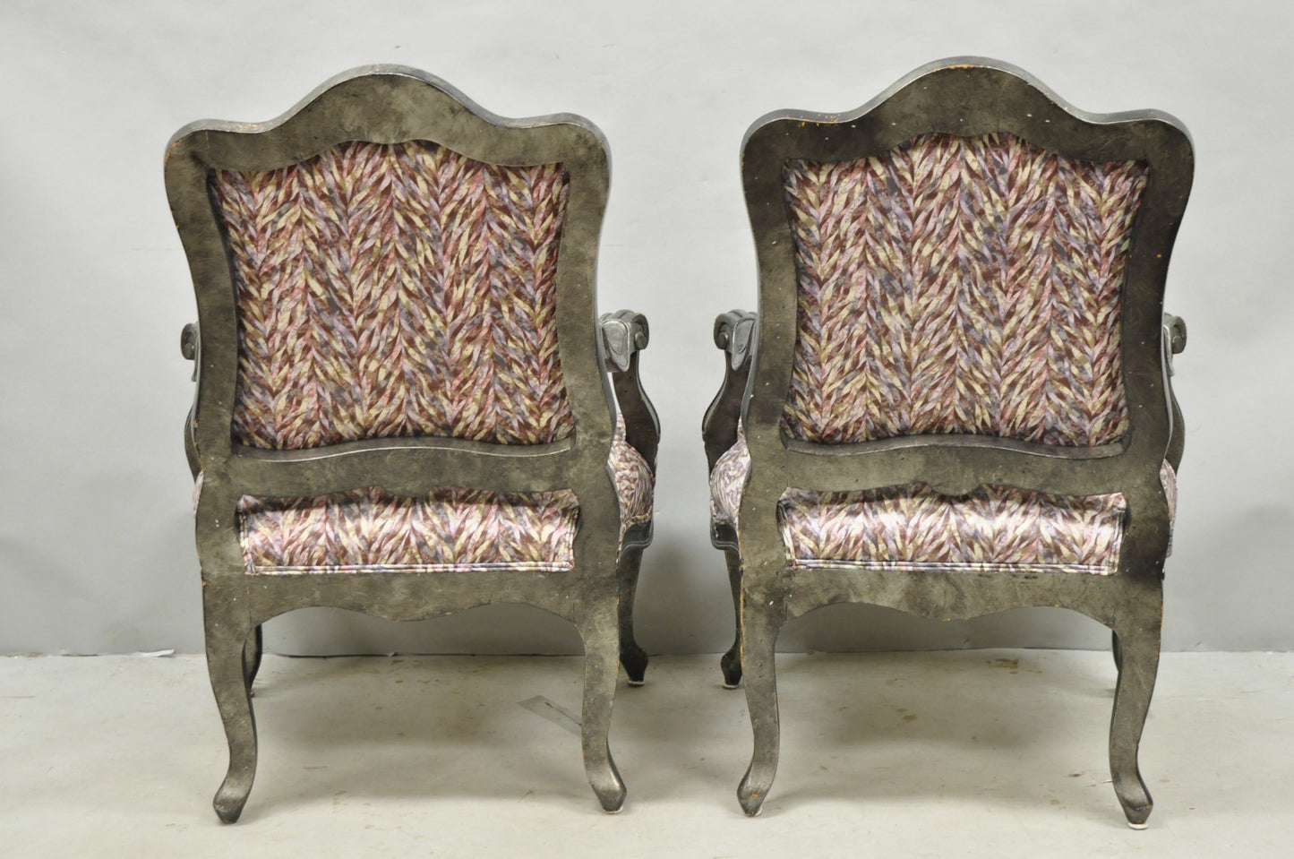 Vintage Italian Baroque Rococo Style Silver Leaf Gilt Lounge Arm Chairs - a Pair