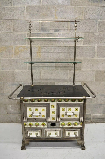 European French or Belgium Cast Iron Art Nouveau Tile Wood Coal Burning Stove