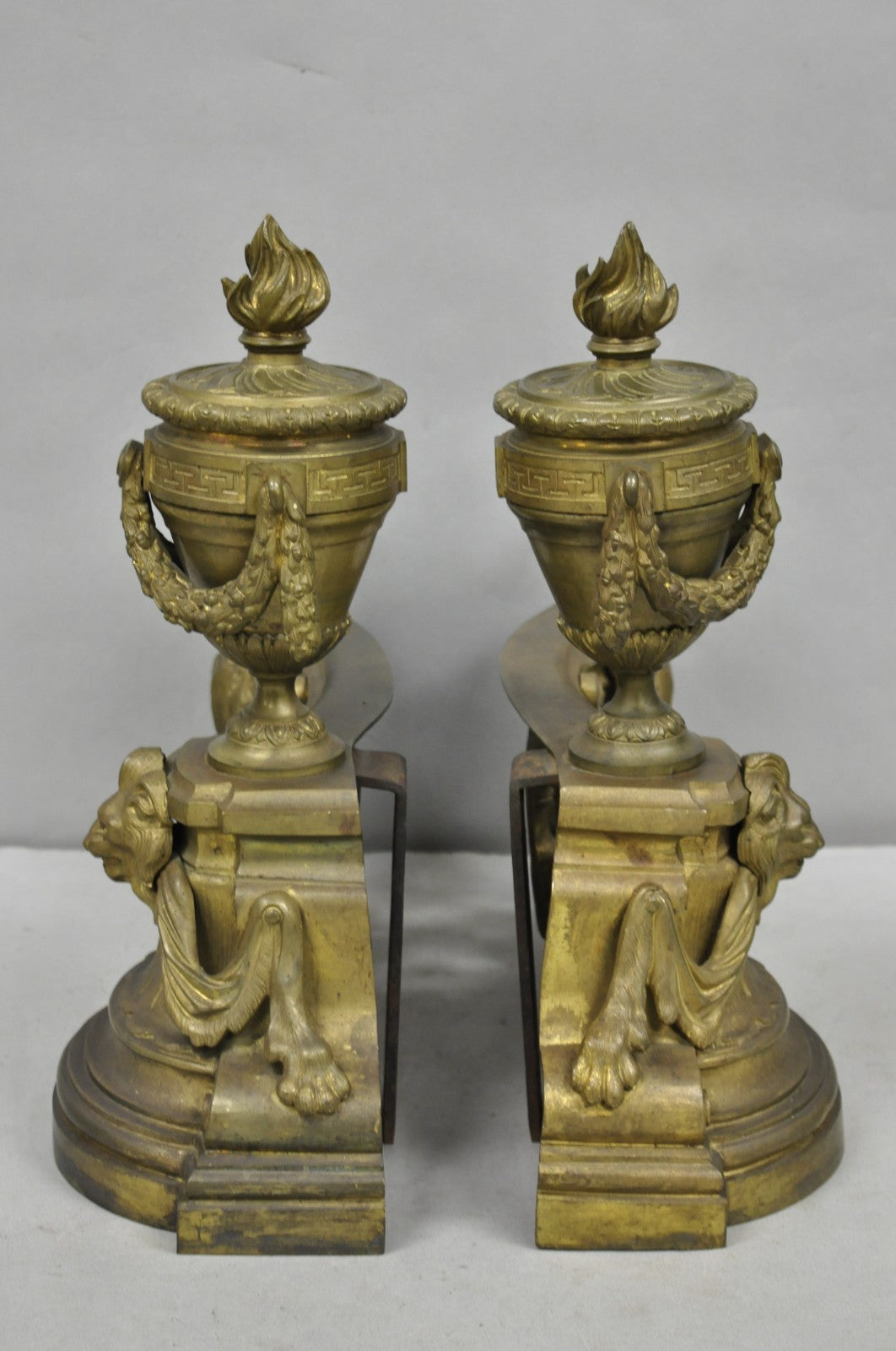Antique French Empire Patinated Bronze Lion Flame Urn Chenet Andirons - a Pair