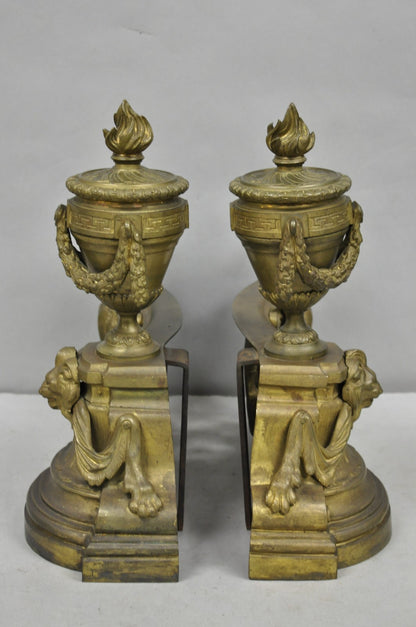 Antique French Empire Patinated Bronze Lion Flame Urn Chenet Andirons - a Pair
