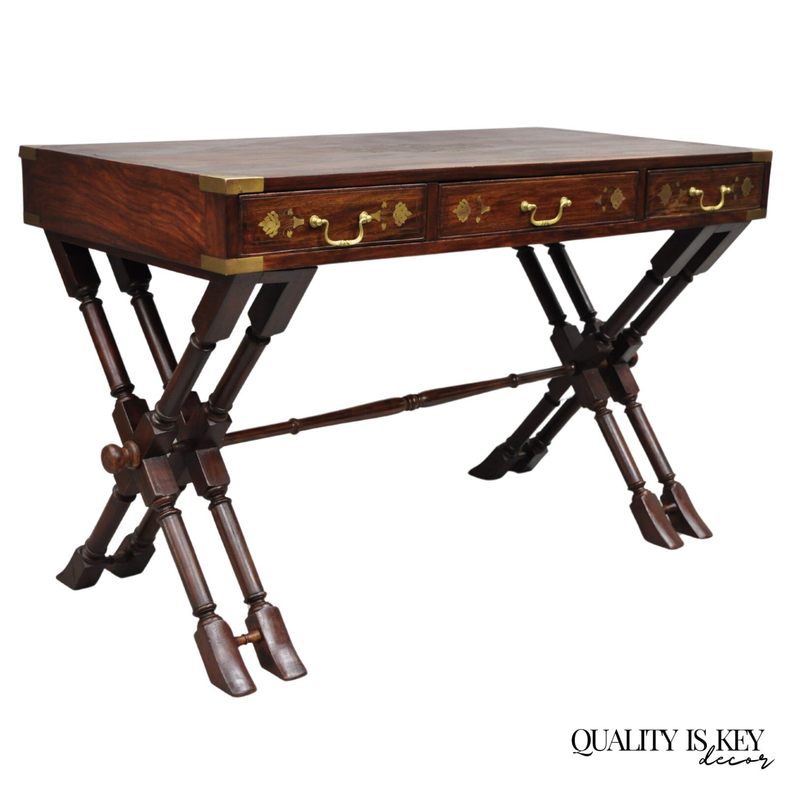 Vintage Anglo Indian Campaign Style Hardwood Curule Writing Desk w/ Brass Inlay