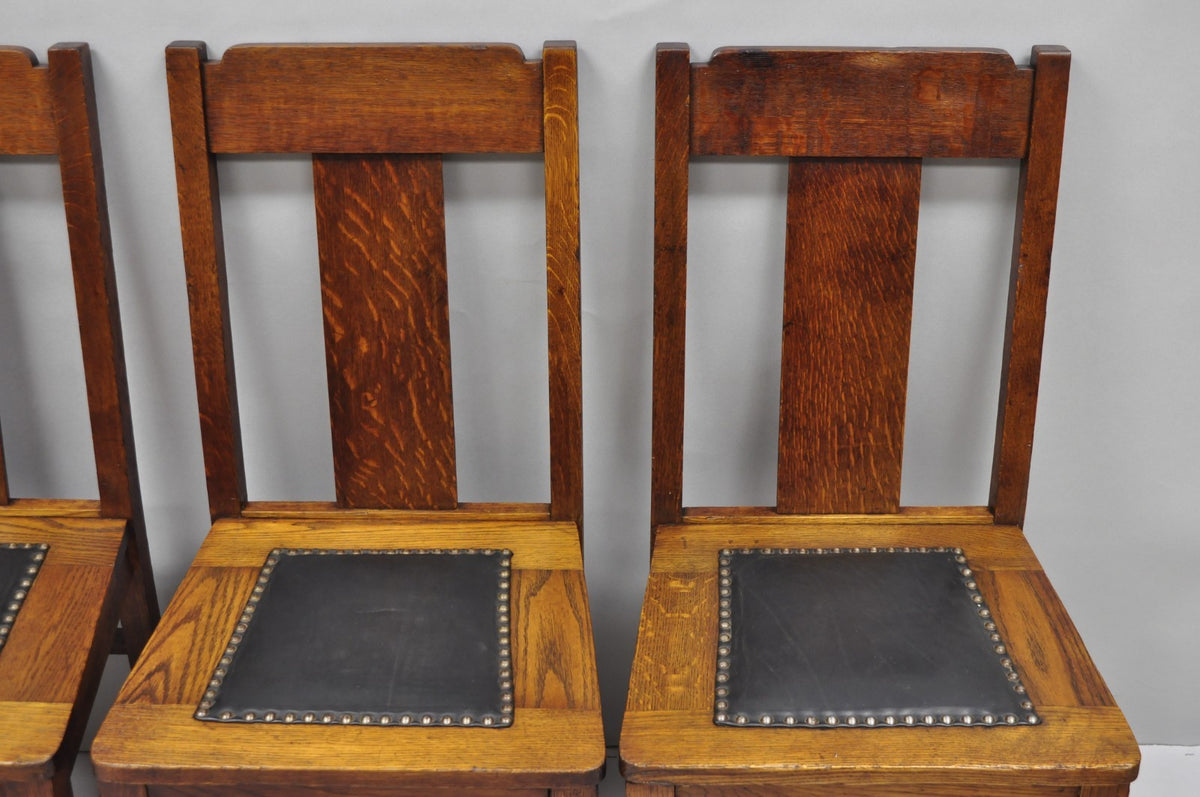Antique Mission Oak Arts & Crafts T-Back Limbert Style Dining Chairs - Set of 4