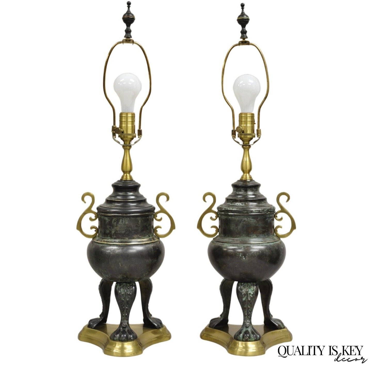 Chinoiserie Asian Verdigris Green Bronze Censor Table Lamp by Wildwood - a Pair