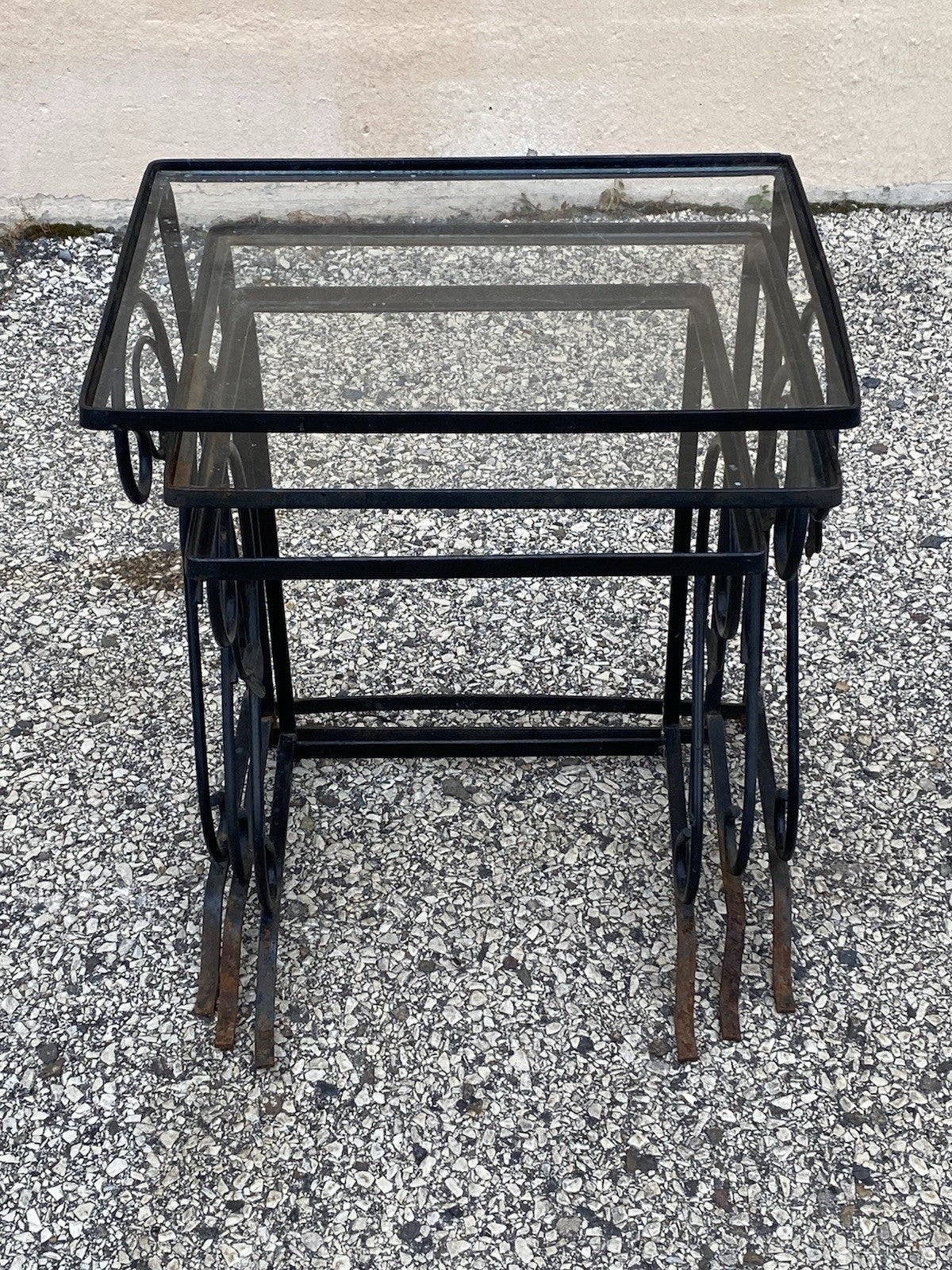 Vintage Art Nouveau Salterini Wrought Iron Garden Nesting Side Tables - 3 Pc Set