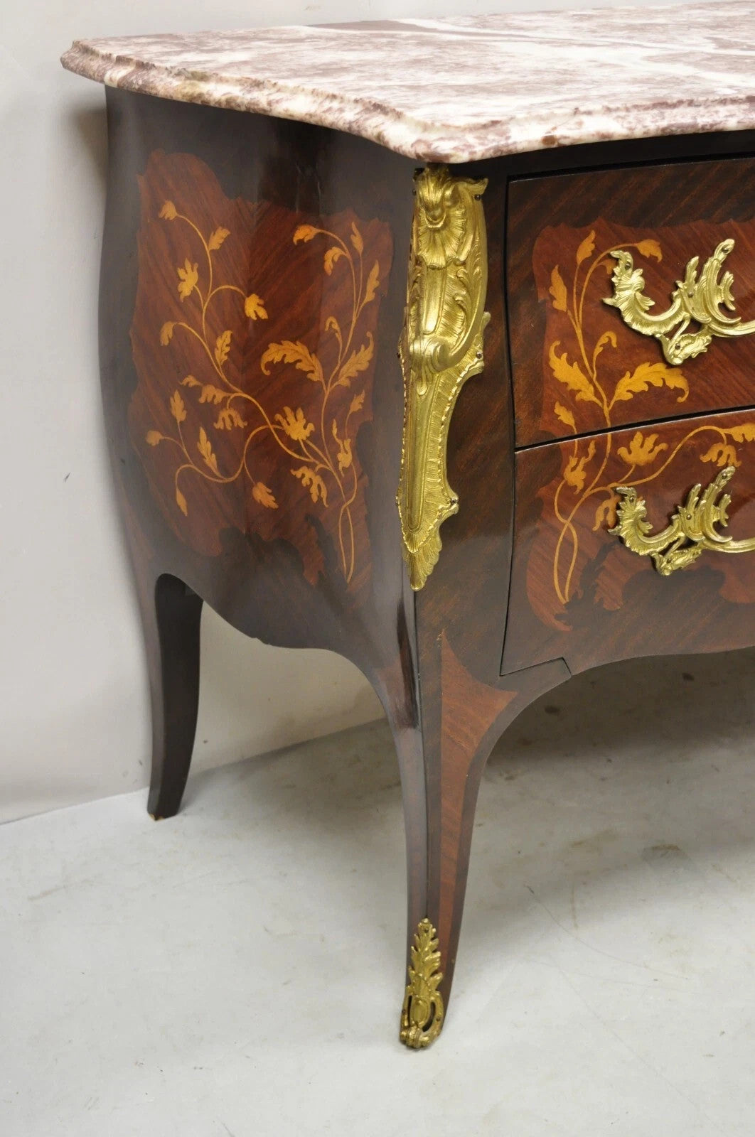 French Louis XV Style Marble Top Marquetry Inlay & Bronze Bombe Commode Dresser