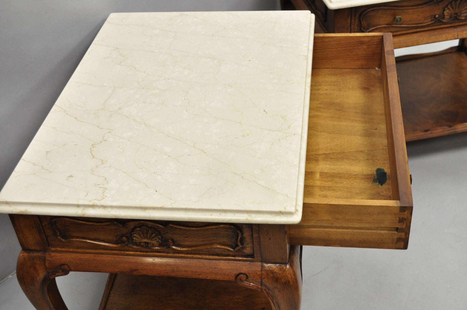 French Country Provincial Rectangle Travertine Marble Top Walnut End Table Pair