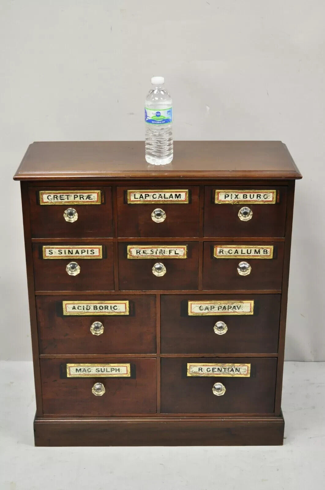 19th C. Victorian Mahogany Apothecary Medicine Cabinet w/ 10 Drawers Glass Pulls