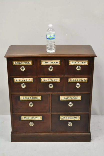 19th C. Victorian Mahogany Apothecary Medicine Cabinet w/ 10 Drawers Glass Pulls