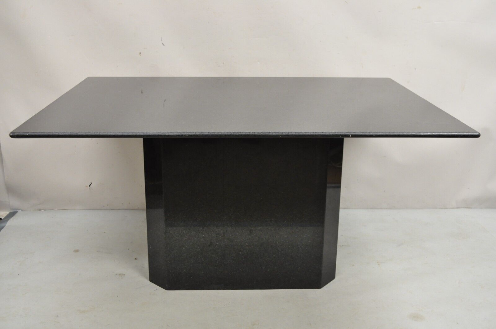 Vintage Modern Black Granite Rectangular Dining Table with Narrow Pedestal Base