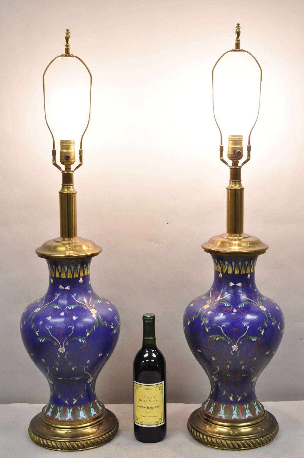 Vintage Chinoiserie Blue Enamel Chinese Brass Jardinierie Table Lamps - a Pair