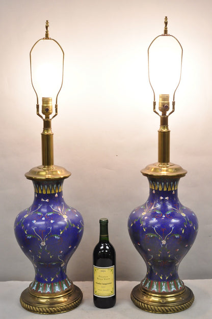 Vintage Chinoiserie Blue Enamel Chinese Brass Jardinierie Table Lamps - a Pair