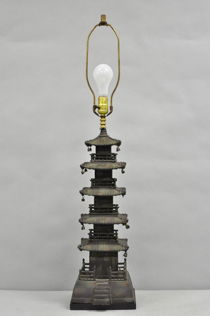 Vintage Chinoiserie Cast Iron Chinese Buddhist Pagoda Temple Table Lamp