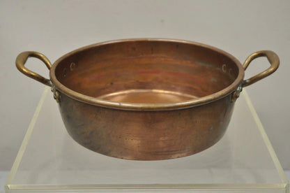 Antique French Country Hand Forged 12" Round Twin Handle Copper Cauldron Pot Pan