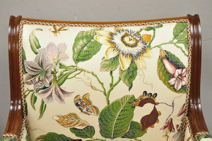 Vintage French Regency Style Floral Print Mahogany Bergere Lounge Chairs - Pair