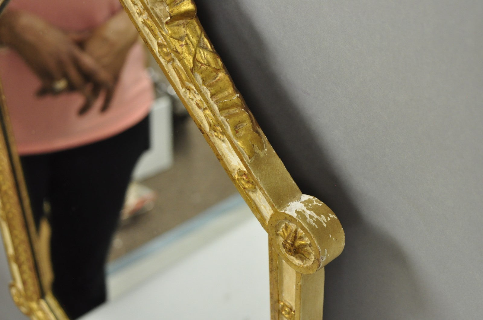 Vintage Italian Neoclassical Style Cream & Gold Gilt Carved Wood Wall Mirror