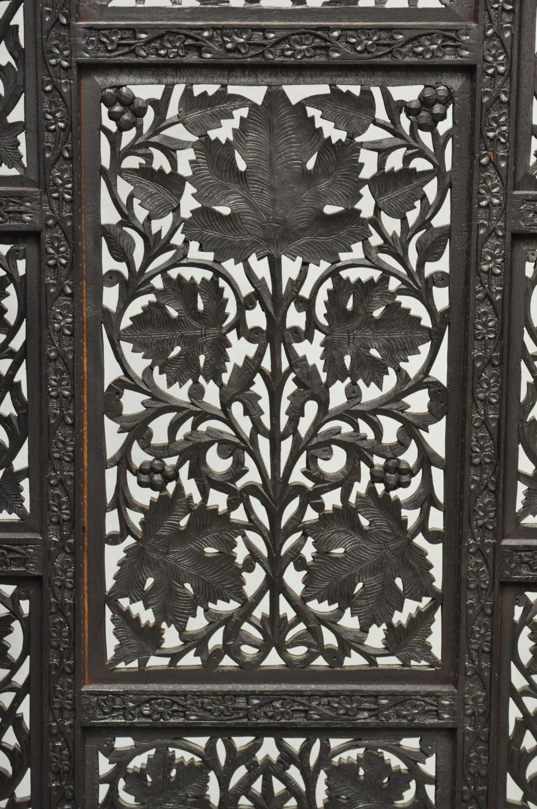 Vintage Anglo Indian Carved Teak Wood 4 Panel Room Divider Folding Screen