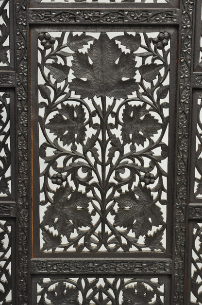 Vintage Anglo Indian Carved Teak Wood 4 Panel Room Divider Folding Screen