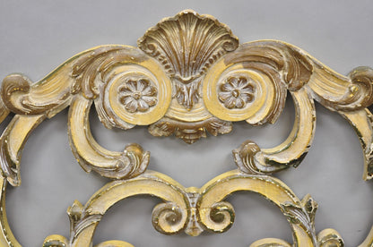 Vintage French Rococo Distressed Cream Painted Queen Size Wood Bed Headboard