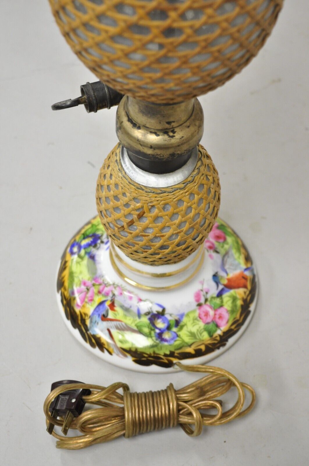 Antique French Victorian Rattan Wrapped Blown Glass Seltzer Bottle Table Lamp