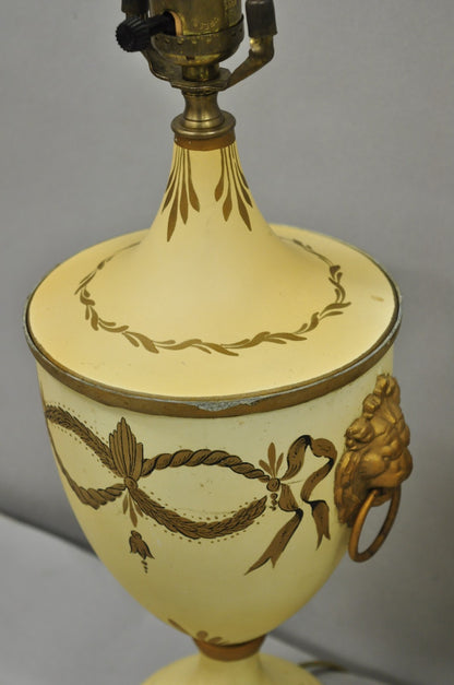 Vintage Italian Regency Tole Metal French Country Cream Gold Urn Table Lamp Pair