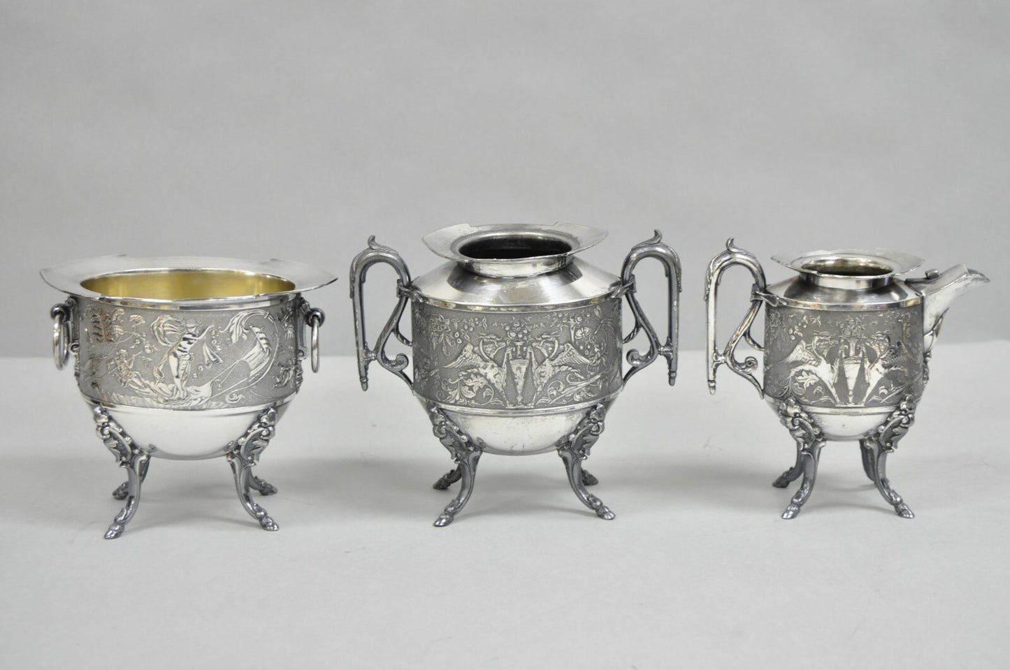 Antique English Baroque Silver Plated Figural Tea Set w/ Rogers Bro Tray - 7 Pcs