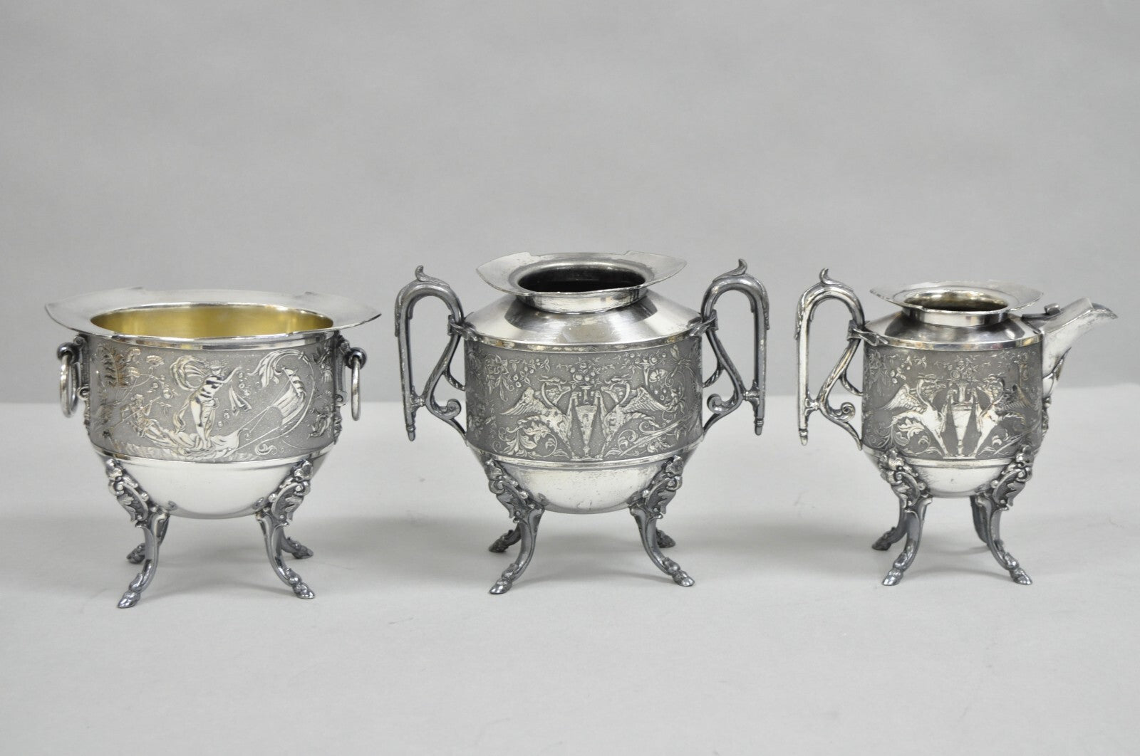 Antique English Baroque Silver Plated Figural Tea Set w/ Rogers Bro Tray - 7 Pcs