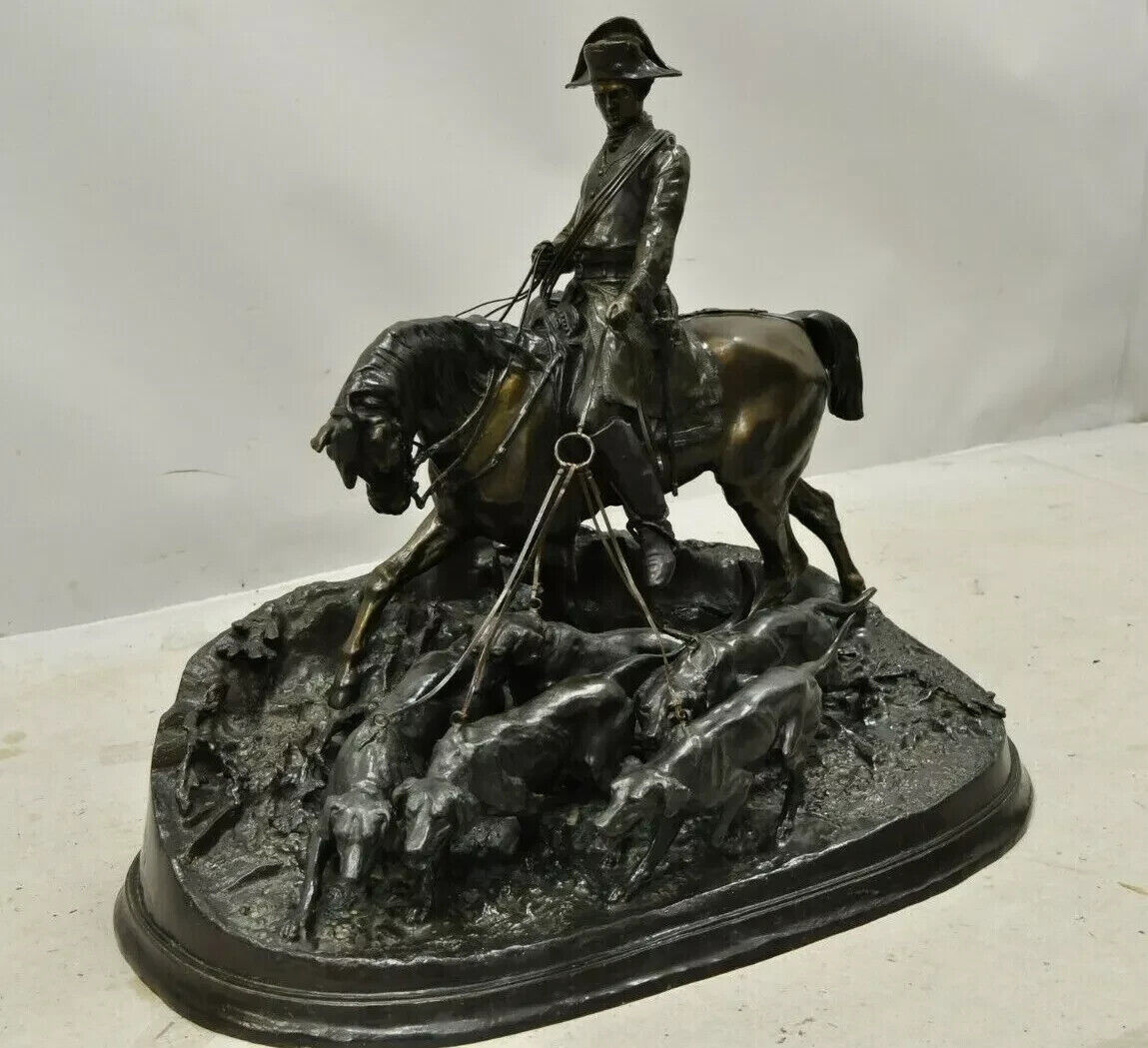 P.J. Mene The Hunt Scene Large Bronze Sculpture Pierre Jules Statue Horse Dogs