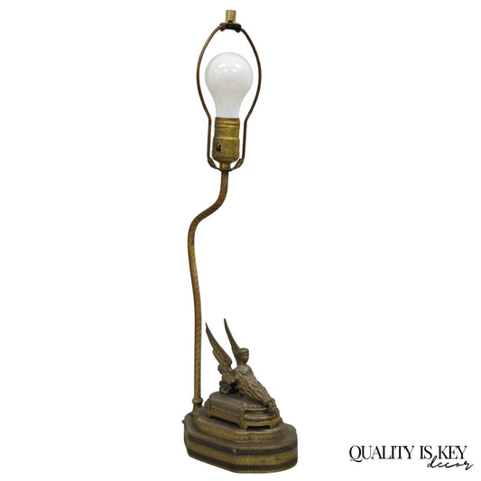 Antique French Victorian Neoclassical Small Gilt Brass Winged Maiden Table Lamp