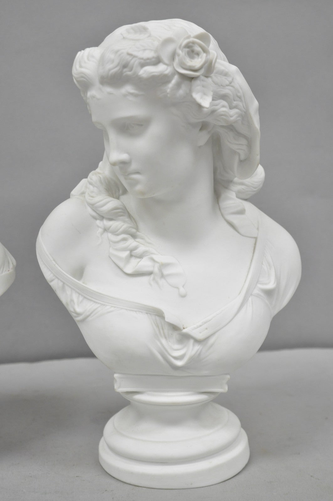 Antique French Classical Parian Porcelain 13" Goddess Female Maiden Bust - Pair