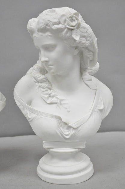 Antique French Classical Parian Porcelain 13" Goddess Female Maiden Bust - Pair
