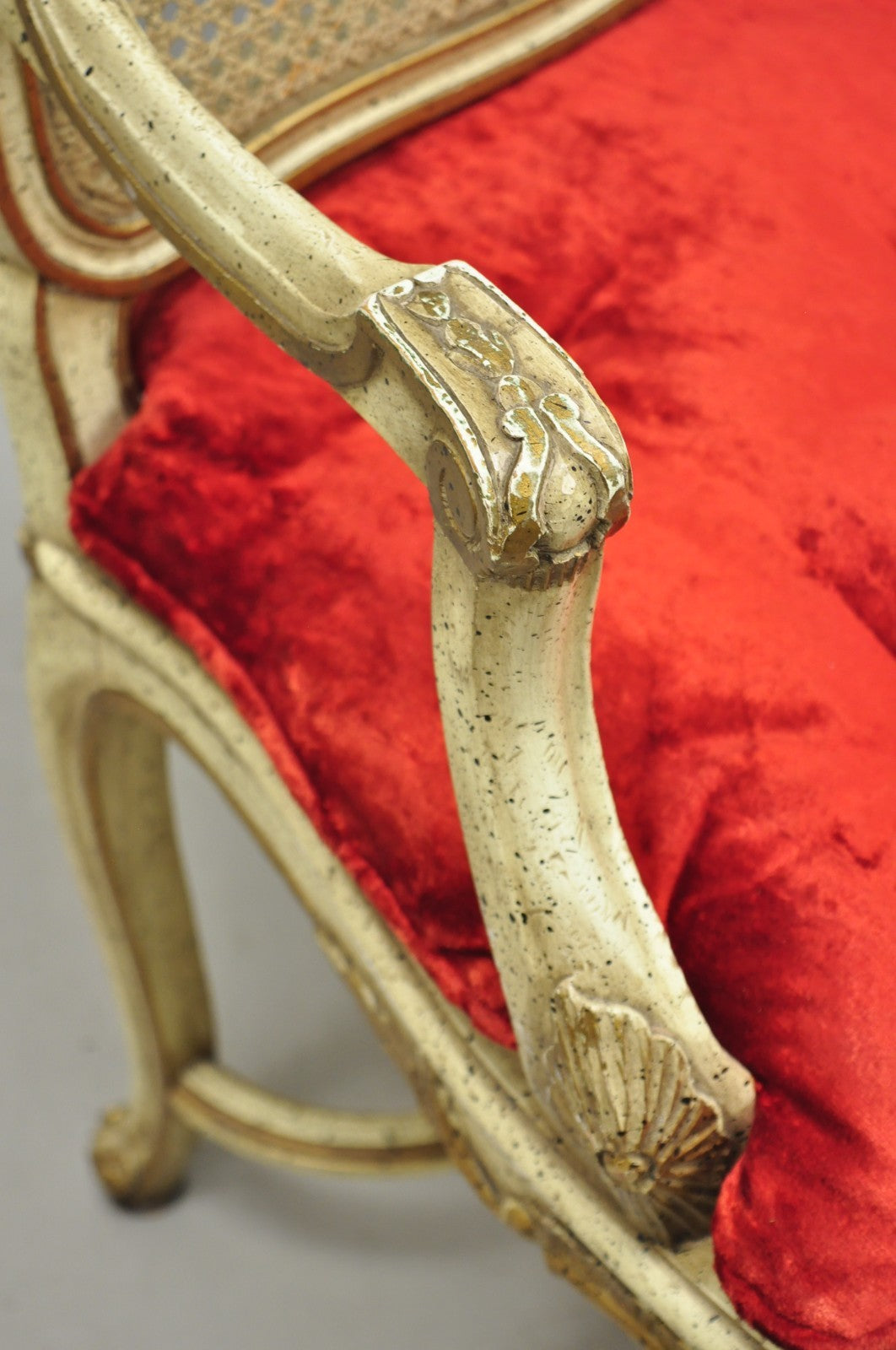 Vintage French Louis XV Style Cream Painted Carved Wood Cane Arm Chairs - a Pair