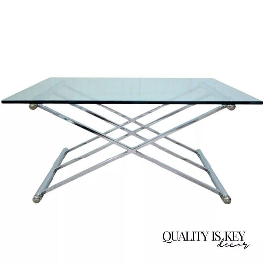 Maison Jansen Style Triple X-Frame Modern Chrome & Glass Square Coffee Table