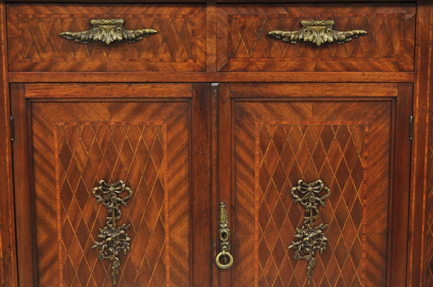 Antique French Louis XVI Style Marquetry Inlay Sideboard Buffet Curio Cabinet