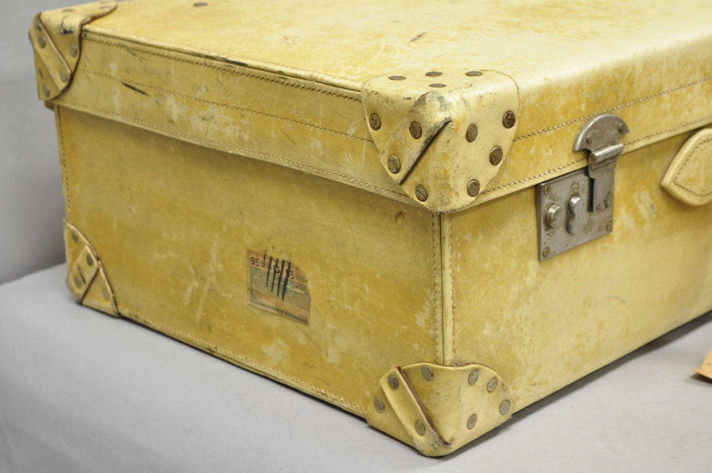 Antique 1930s French Vellum Parchment Large 30" Cream Hard Case Suitcase Luggage