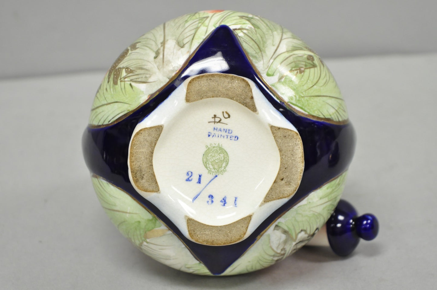 Antique Royal Nippon Hand Painted Nishiki Cobalt Blue Floral Vase With Stopper