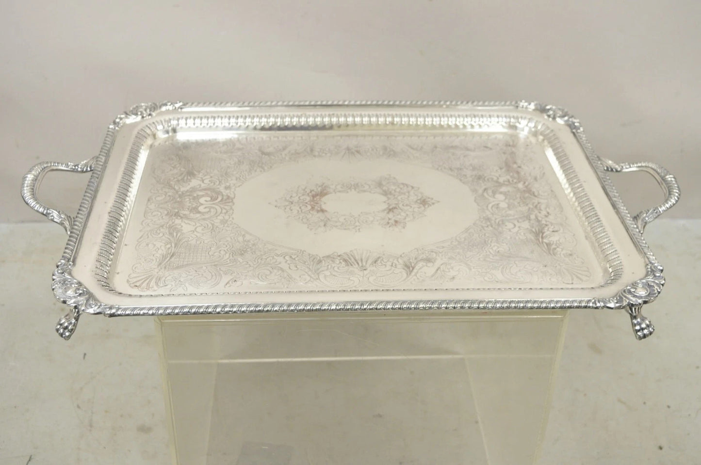 Antique English Victorian Rectangular Silver Plated Platter Bar Tray on Paw Feet