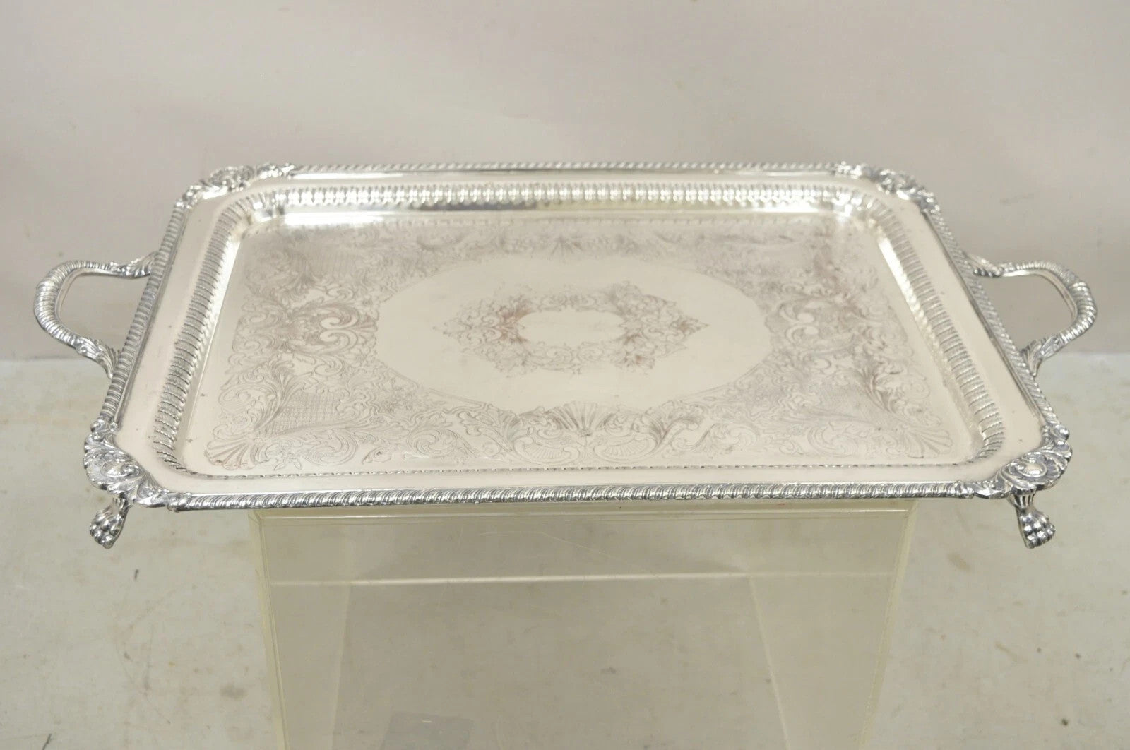 Antique English Victorian Rectangular Silver Plated Platter Bar Tray on Paw Feet
