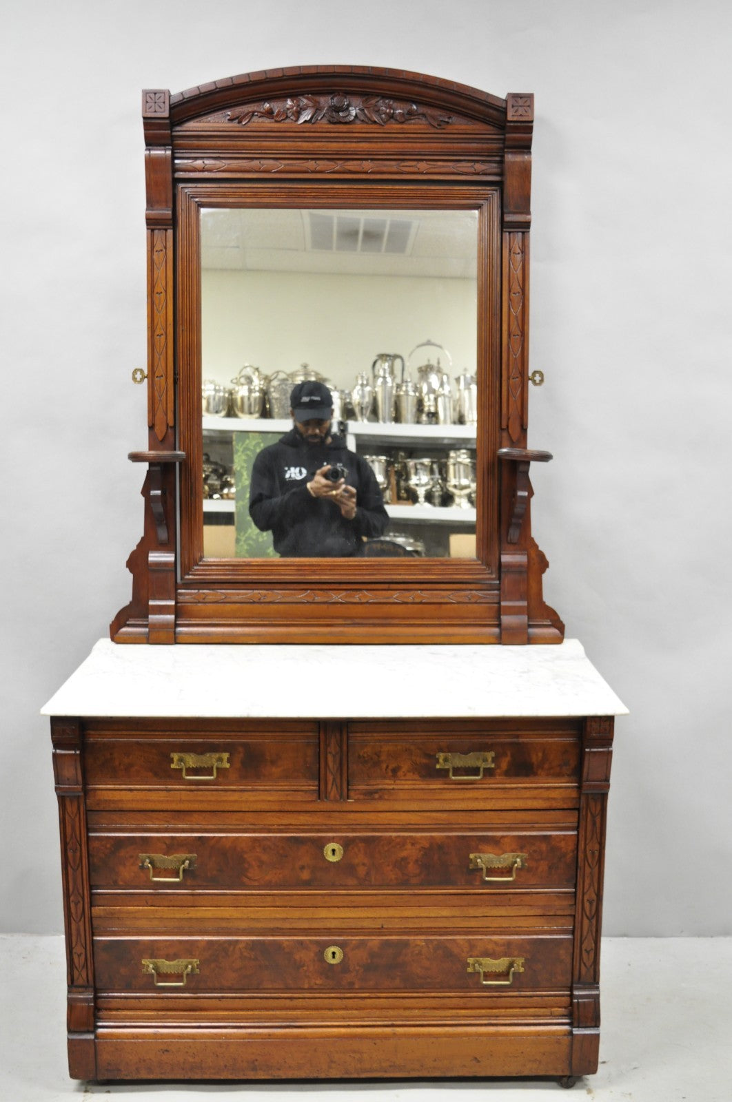 Antique Eastlake Victorian Carved Walnut Marble Top Washstand Dresser w/ Mirror