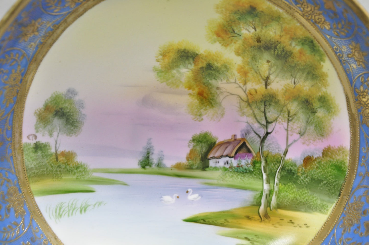 Nippon Hand Painted Porcelain Blue Centerpiece Compote Bowl w/ Cottage & Geese