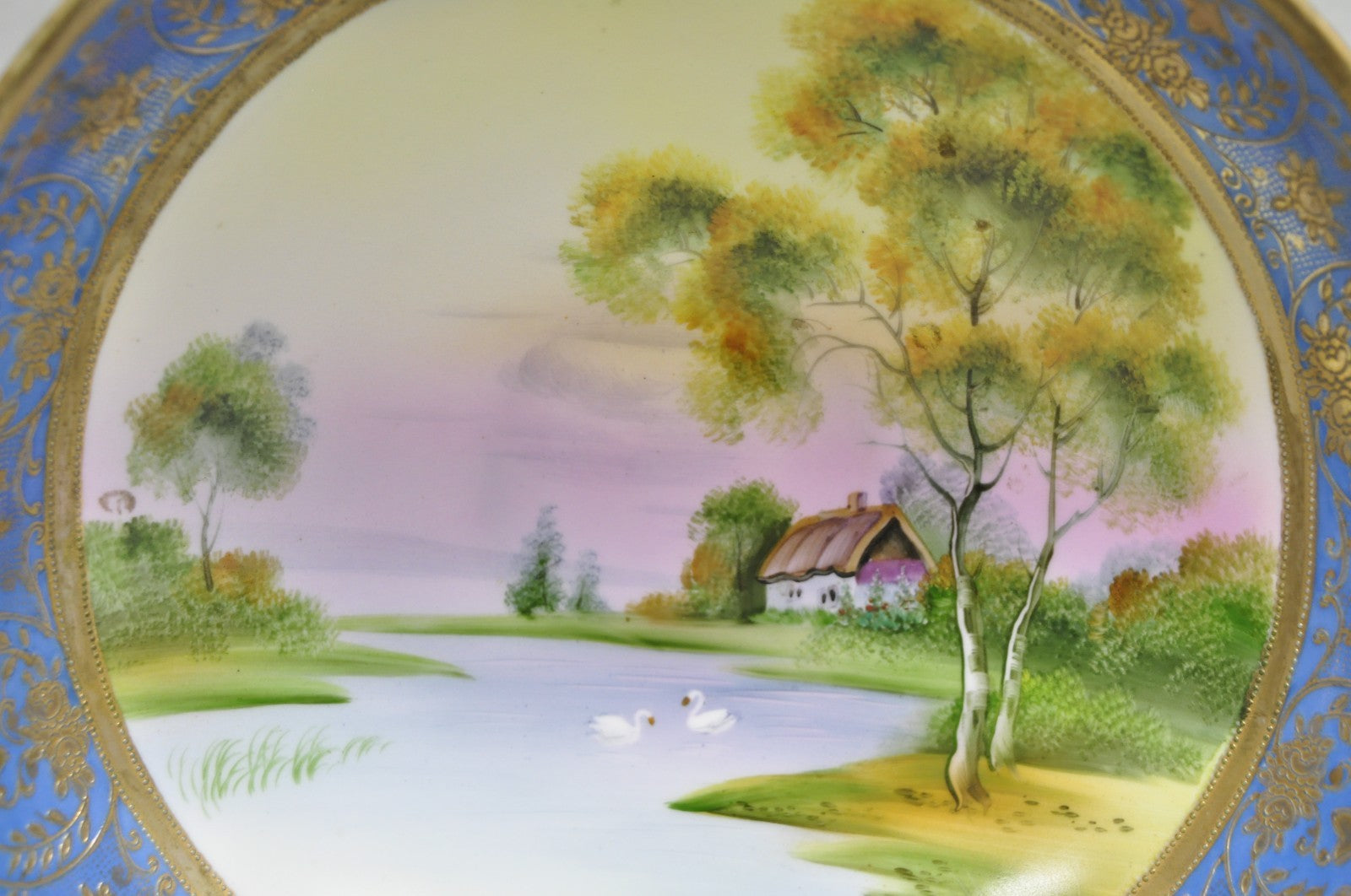 Nippon Hand Painted Porcelain Blue Centerpiece Compote Bowl w/ Cottage & Geese