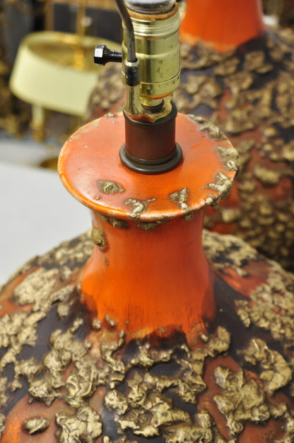 Vintage Mid Century Modern Orange Drip Lava Glaze Large Pottery Table Lamp Pair