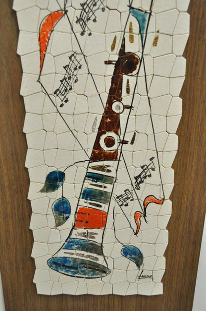 Vintage Andre Mid Century Modernist Abstract Music Instrument Tile Wall Art Pair