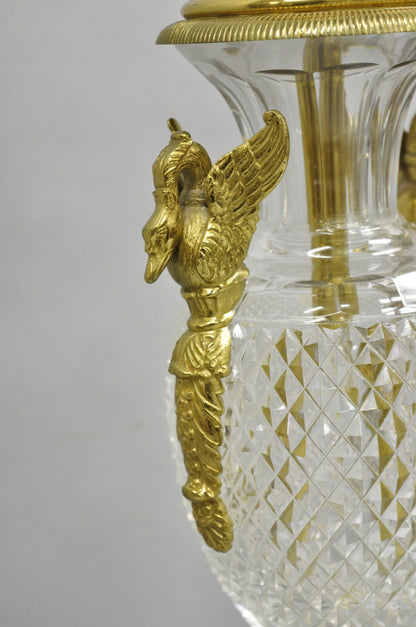 French Empire Regency Baccarat Style Glass Crystal Urn Table Lamp w/ Brass Swans