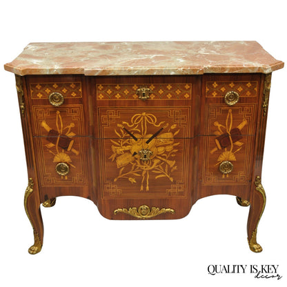 Vintage French Louis XV Style Marquetry Inlay Marble Top Commode Dresser Chest