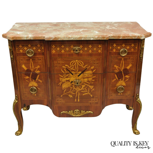 Vintage French Louis XV Style Marquetry Inlay Marble Top Commode Dresser Chest