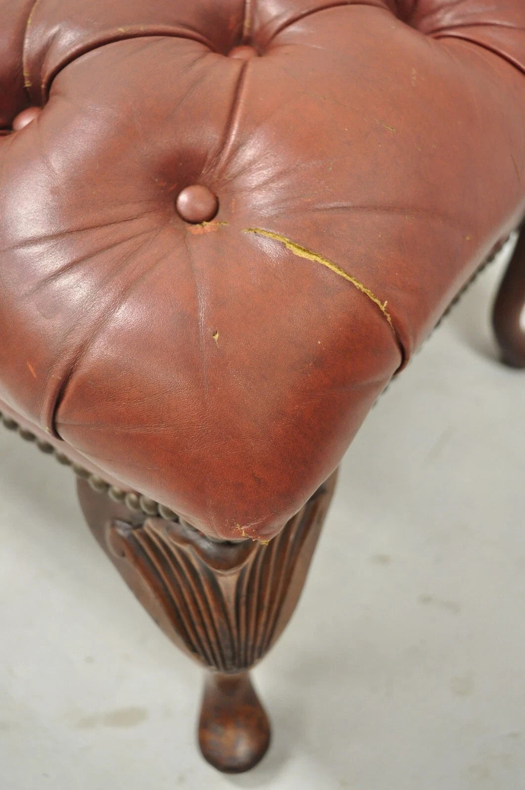 Vintage English Chesterfield Queen Anne Brown Leather Tufted Ottoman Footstool