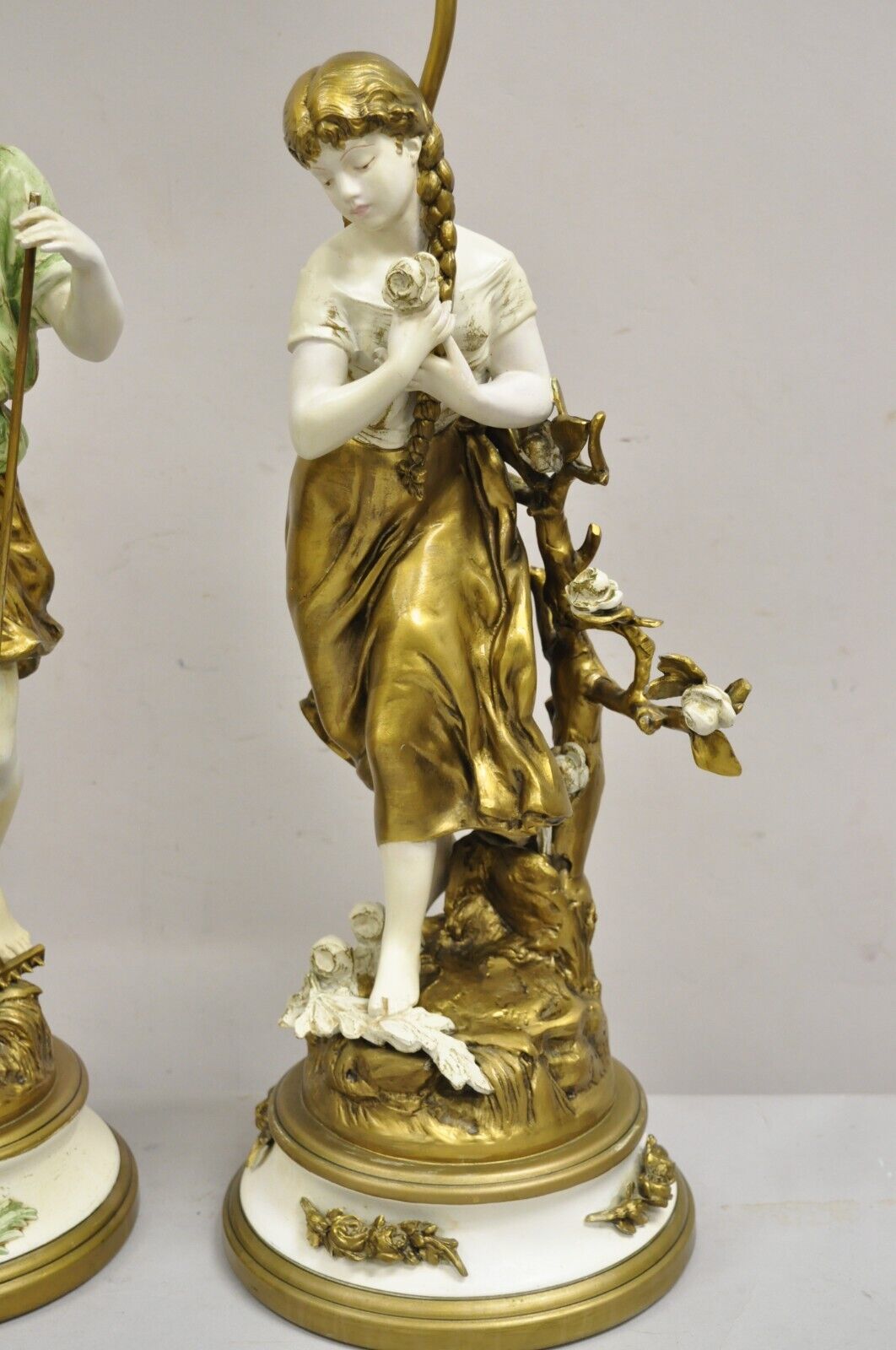 Vintage French Renaissance Moreau Metal Boy and Girl Figural Table Lamp - a Pair