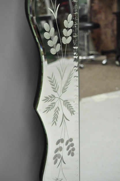 Vintage Venetian Art Deco Scalloped Edge Floral Etched Glass Large Wall Mirror
