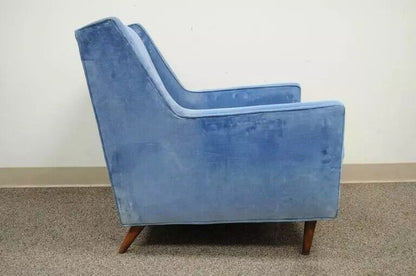 Vintage Mid Century Modern Walnut Frame Blue Club Lounge Chair after Paul McCobb